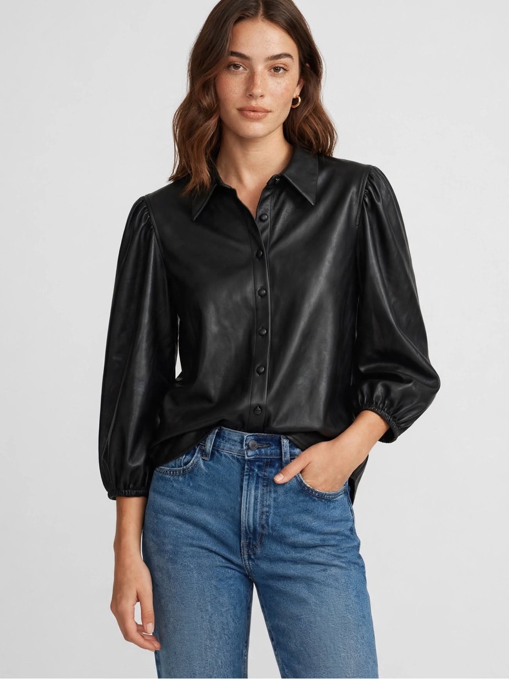 Zara Black Faux Leather Blouse XL Puff Sleeve Button Front Shirt Jacket 24" Long